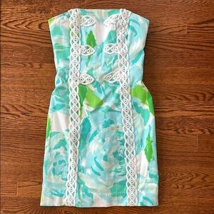 Floral Strapless Dress in Blue and Green